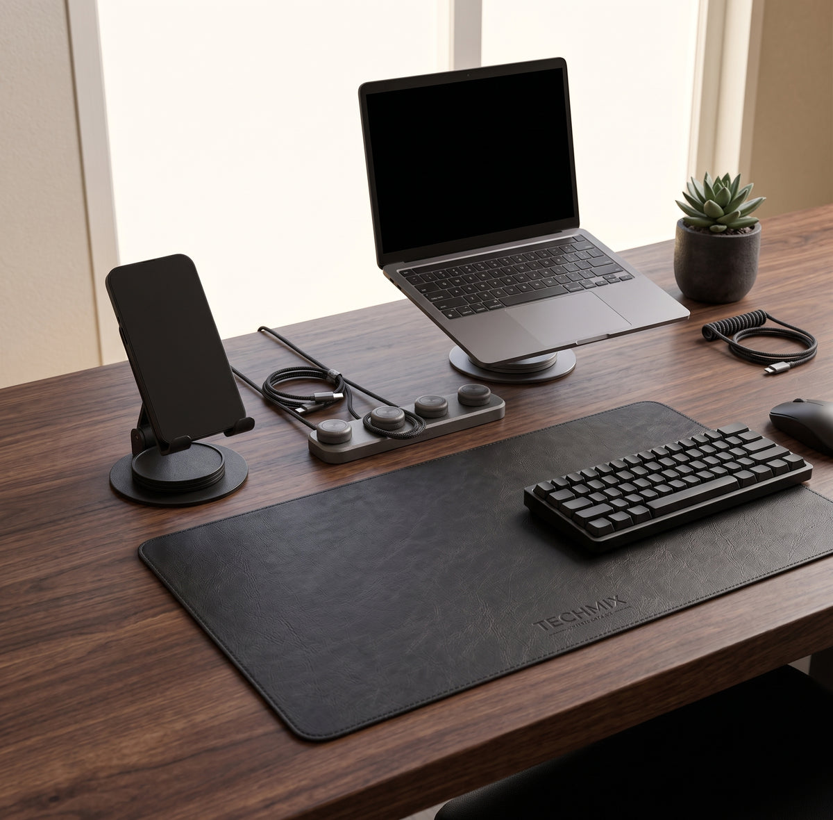 Setup bureau premium TECHMIX - laptop, desk pad noir, support téléphone et clavier mécanique