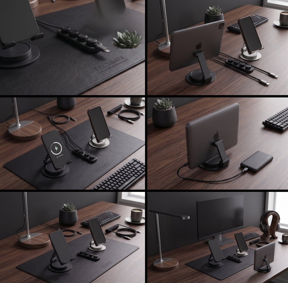 Bureau minimaliste organisé avec accessoires TECHMIX - desk pad, support téléphone et organisateur de câbles